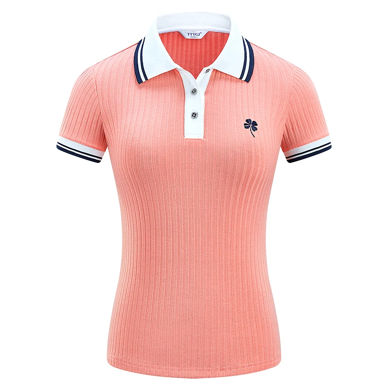 TTYGJ Summer Knit Golf T-shirt Women Short-sleeved Polo Shirt Ladies Striped Slim Sports Tops Girls Breathable Sportswear S-XL