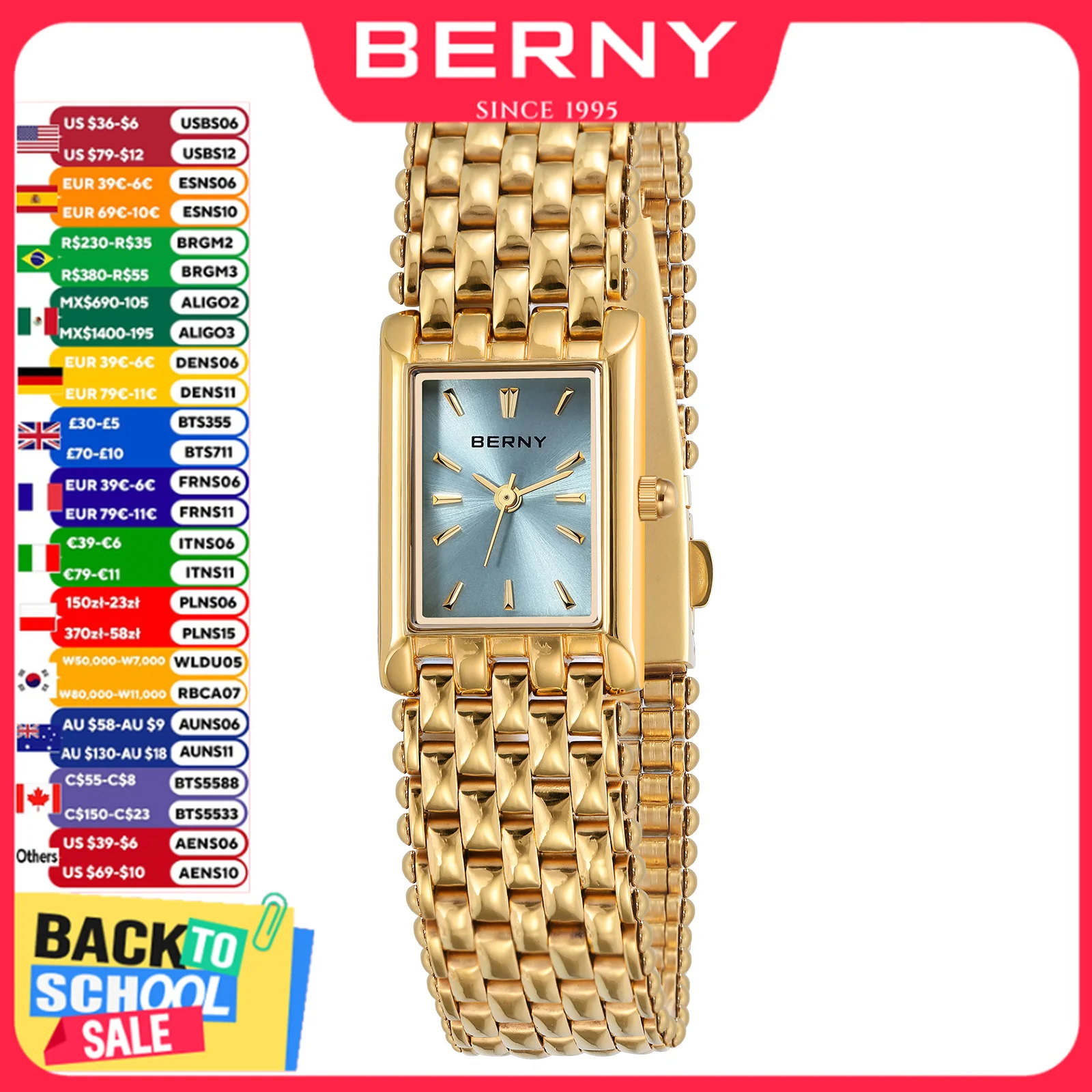 BERNY Golduhr für Damen, quadratisches zitronenblaues Zifferblatt, modische, lässige Damenuhr, Edelstahl, luxuriöse Quarz-Armbanduhr für Damen