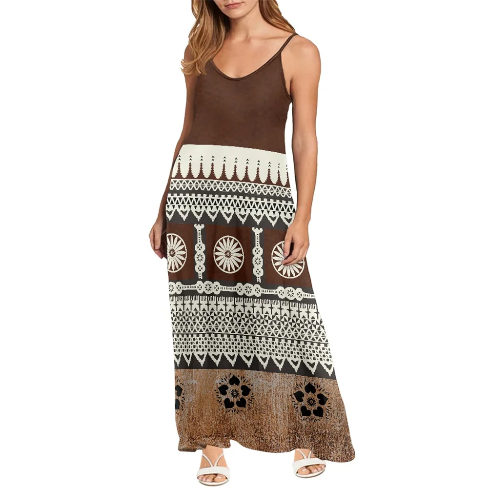 Summer Women Sleeveless Spaghetti Strap Beach Maxi stretch Casual Dresses Polynesian Tribal Fijian Tapa Print Chiffon Dress