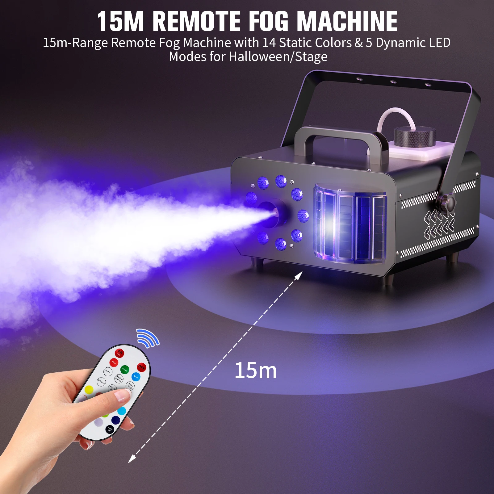 Yiflamefly 1200W 9 RGB LED Fog Machine & Magic Ball Effect with LED Strobe Modes and 14 Static Colors Ideal for Halloween events