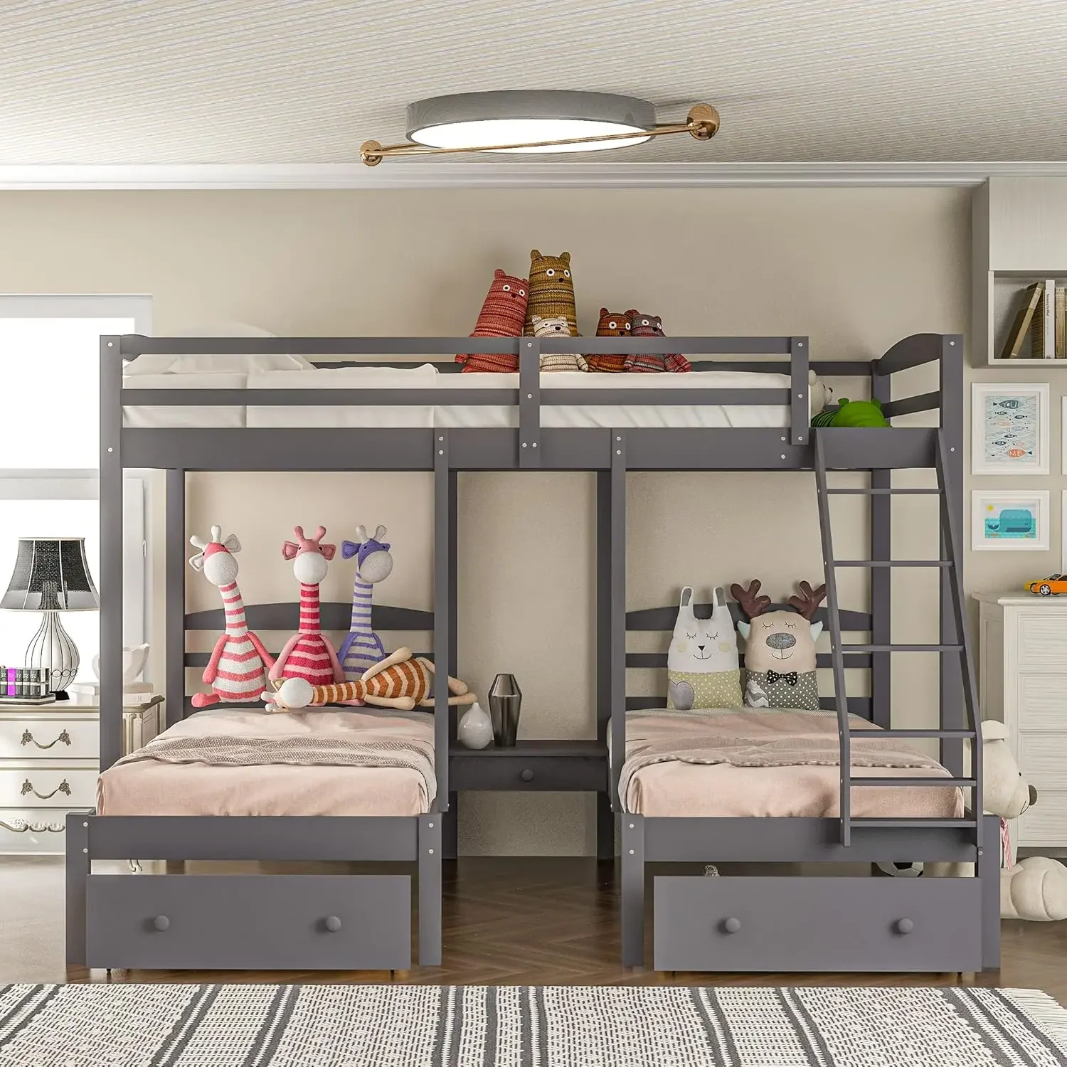 Full Over Twin & Twin Bunk Bed,Triple Bunk Bed Frame For Boys Girls Kids Adults Toddler With Drawers, Gray