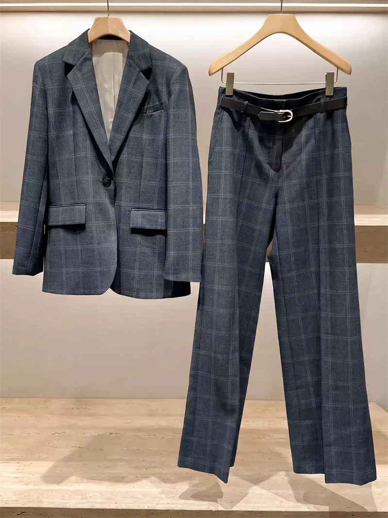 Vintage Women Fashion Lapel Blazer, Split Skort and Straight Leg Pants Business Ladies Grey Plaid 3Pcs Matching Set