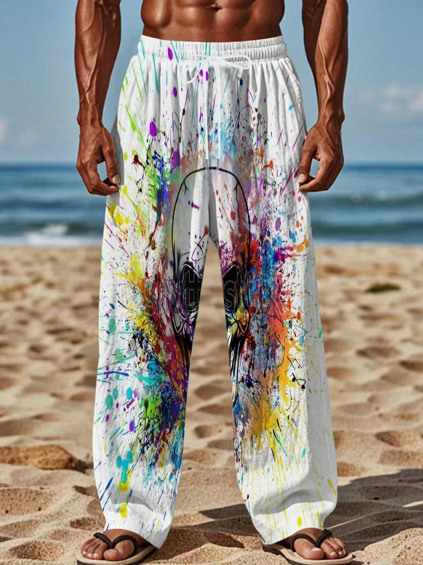 Vintage Wave Stereo 3D Print Men's Wide Leg Pants, Loose Wide Leg Draped Fabric Sweat-free Casual Holiday Trousers