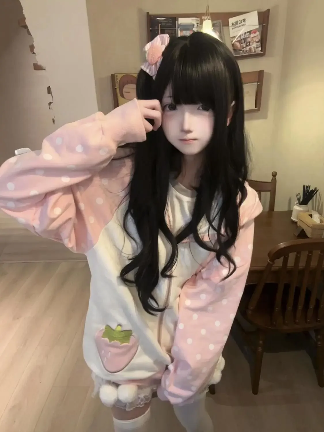 Dot Print Patchwork Women Grunge Hoody Top Rabbit Ears Japanese Kawaii Loose Hoodies Y2k Aesthetic Fairy Strawberry Sweatshirt