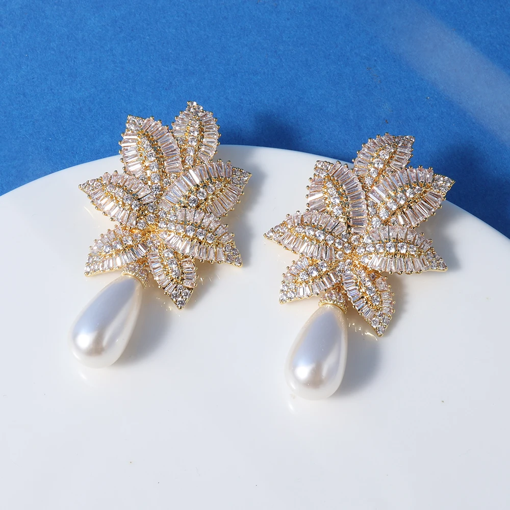 TIRIM Pearl Earrings for Women Luxury Trendy Gift Leaf Shape Cubic Zircon Banquet Nigeria Jewelry  Earrings Accessories