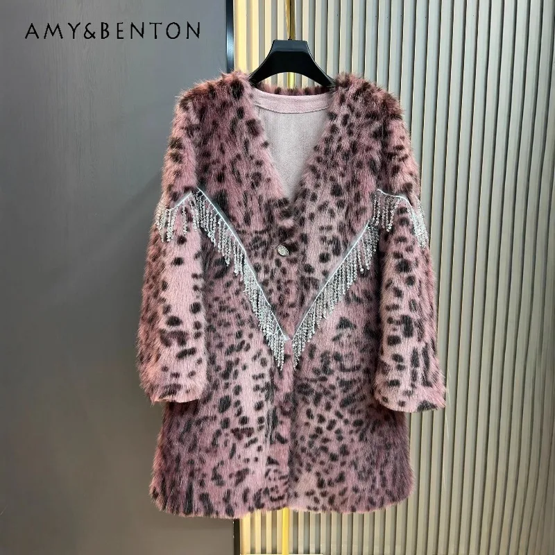 Faux Fur Leopard Print Coat 2025 Winter New Women's Long Fashion Tassel Elegant Slimming Shearling One-Piece Furry Jacket Female
