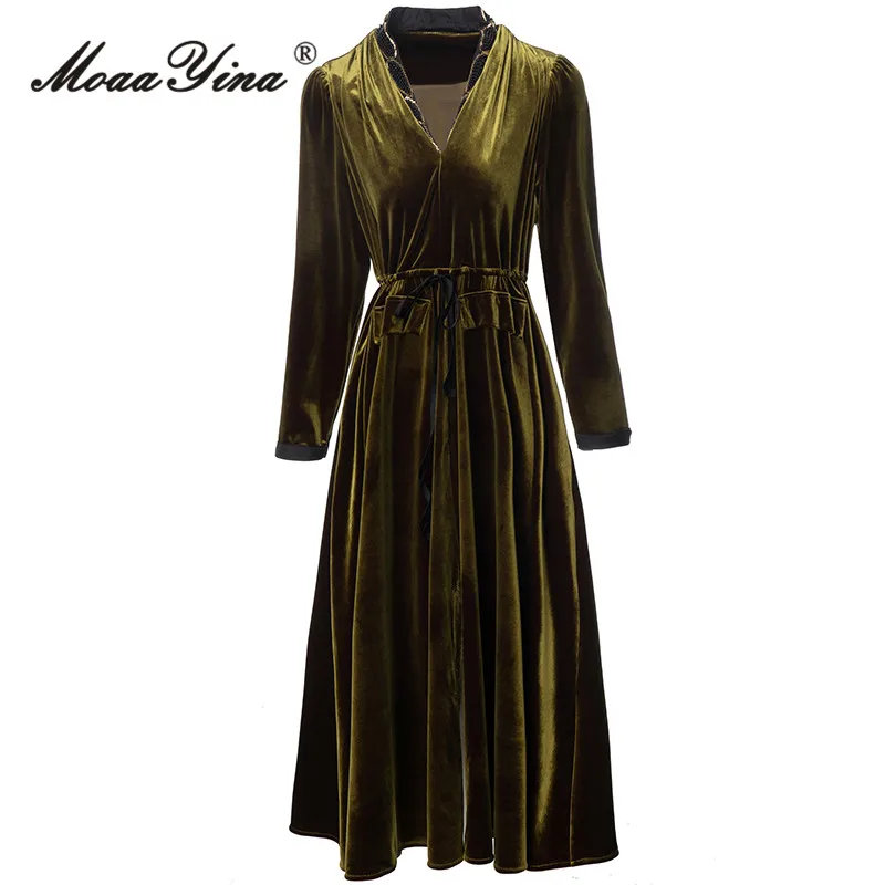 

MoaaYina Autumn Fashion Designer Gold Vintage Velvet Dress Women's V Neck Beading Frenulum Gathered Waist Slim A-LINE Long Dress