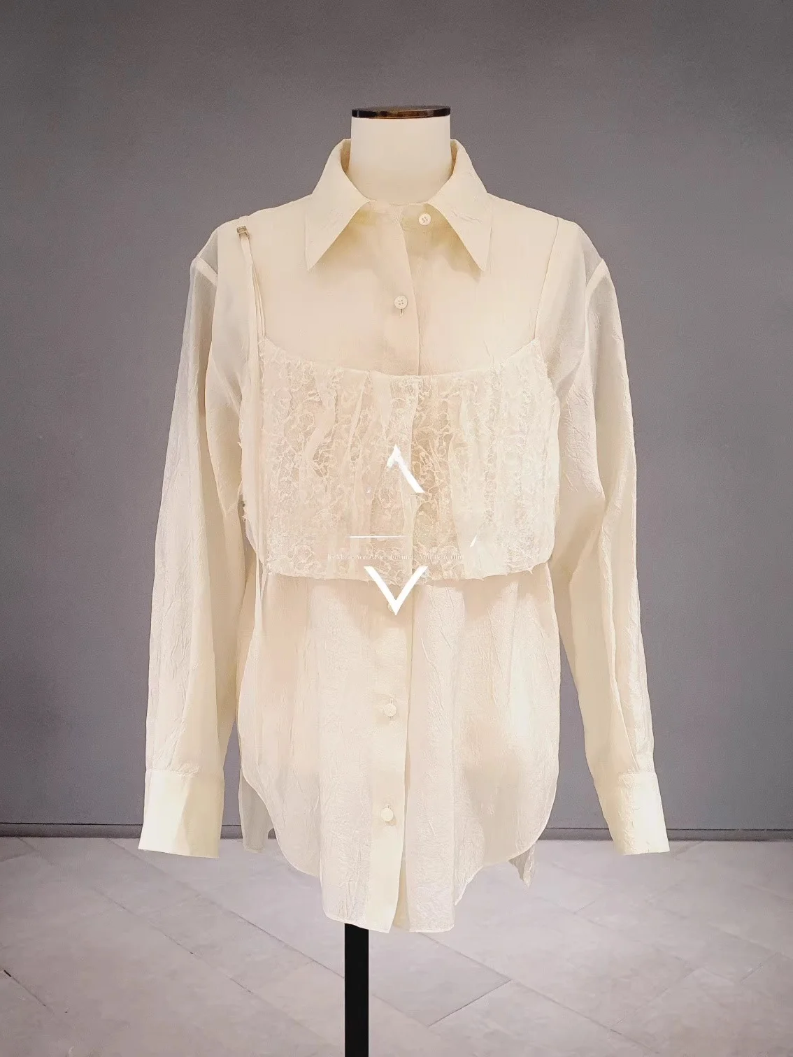 

Ele Lace Trim Loose Commute irt Fake Two-Piece Collar Long Sve Pure Color Button Closure Office Wear