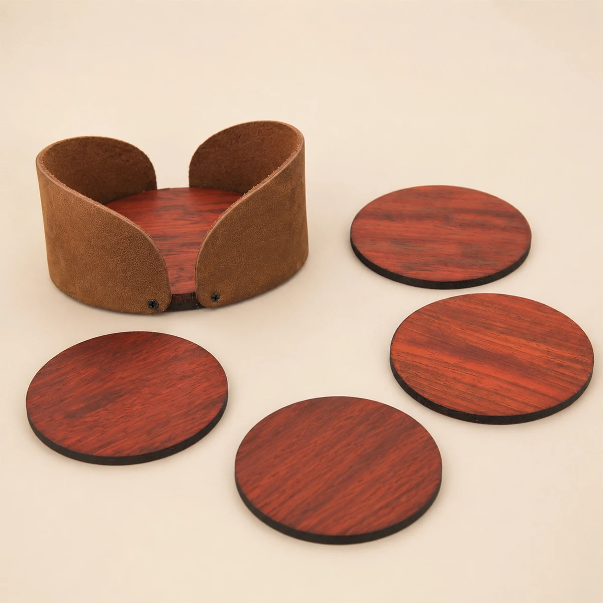 Cross-border Wooden Coaster Set, Vintage Leather Holder Round Wood Heat Resistant Coasters for Coffee Tea Cup Tabletop Decor