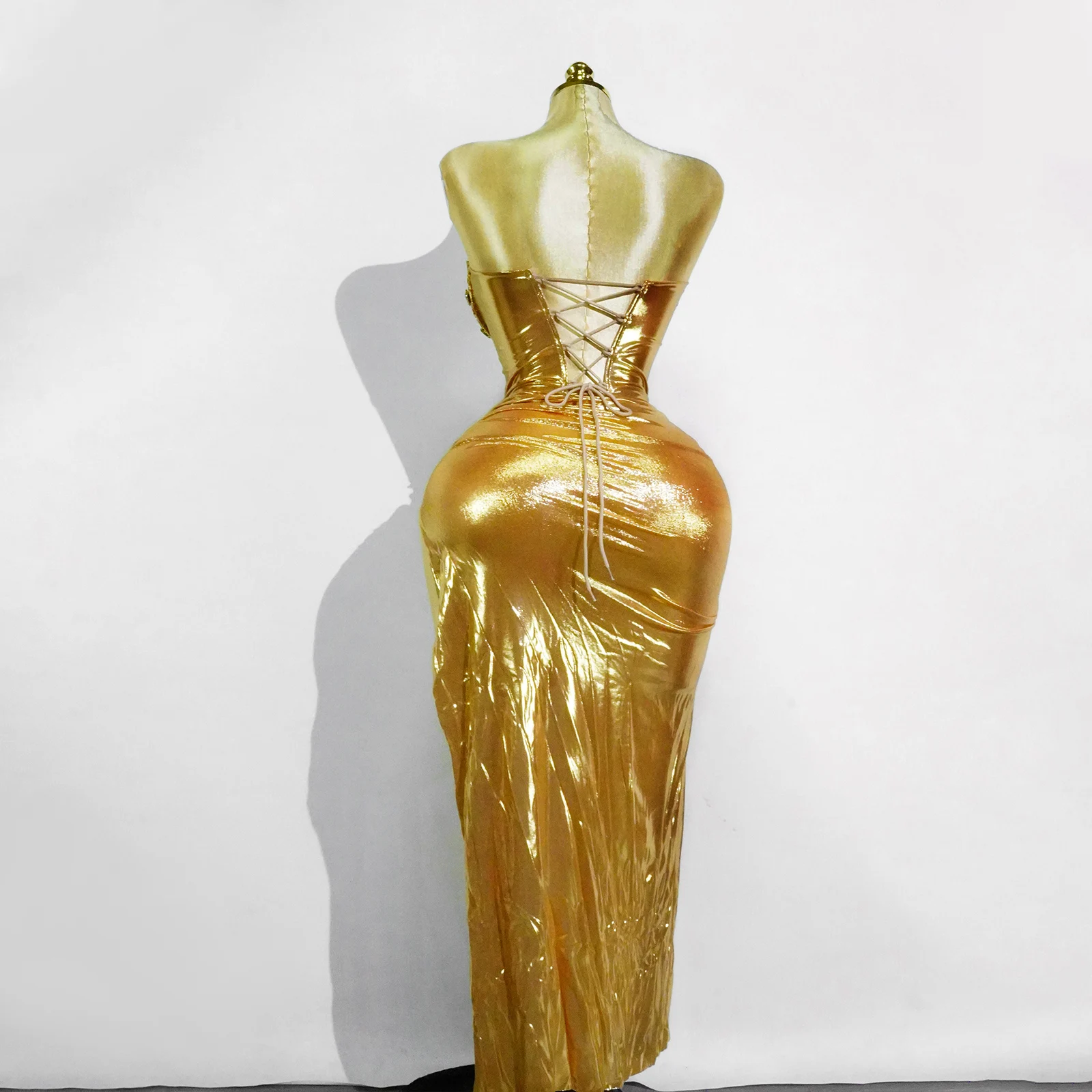 Ekskluzywne Złote Sukienki Seksowne Zestawy Top i Spódnica Siateczka Cekiny Kryształ Ślub Urodziny Impreza Klub Drag Queen Kostiumy Występ Sceniczny