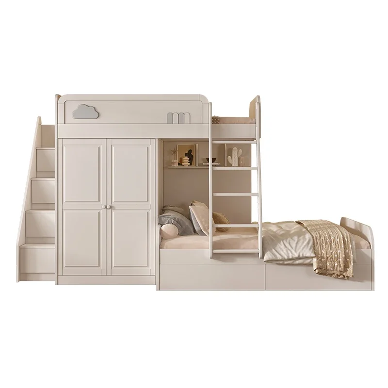 Camas superiores e inferiores escalonadas de madera maciza, con armario, cama de escritorio de dos pisos paralela, dislocación blanca