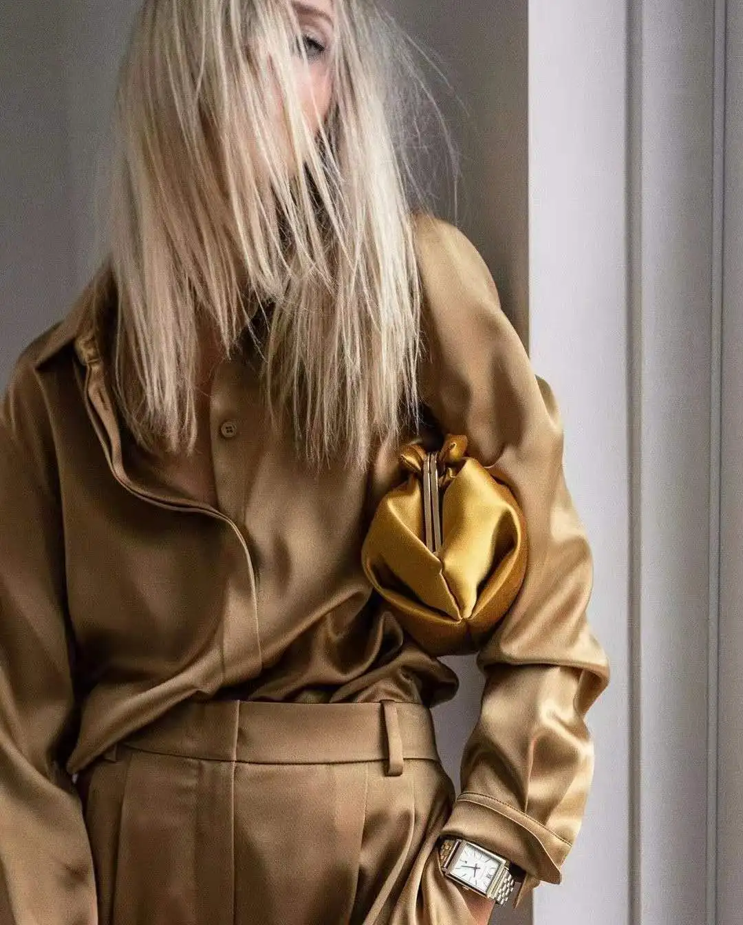 

Sexy Satin Shine Acetate Champagne Gold Shirt Top Wide Leg Loose Drapey Pants Fashion Set Elegant Straight Cut Long Sleeve