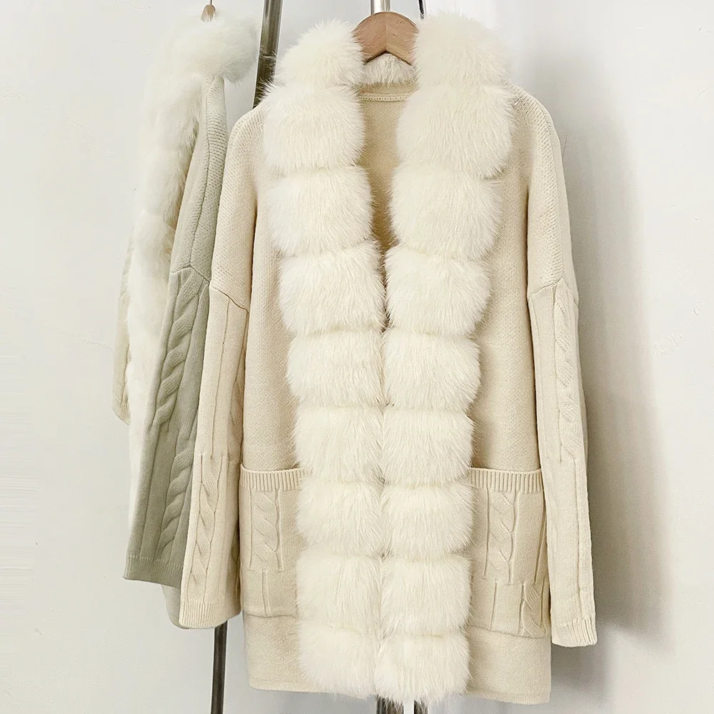 OFTBUY Kabelstrick Loser Warmer Neuer Wintermantel für Damen, Gestrickter Cardigan mit Kunstfuchspelzkragen, Mittellanger Pullover-Mantel für Frauen – Detail 25