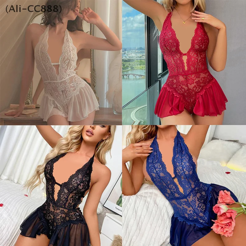 

〔CC88〕Sexy Temptation Nightgown Female Fairy Halter Nightdress Lace See-through Bodysuit Erotic Lingerie New