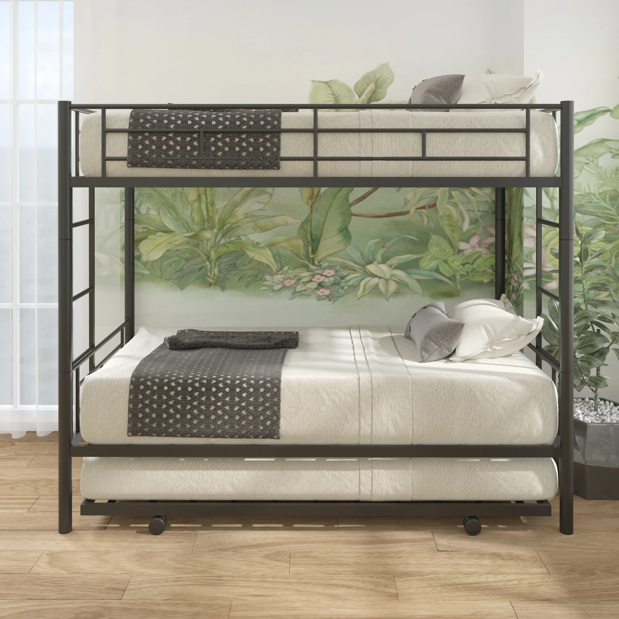 Twin Over Twin Bunk Bed with Trundle  Bedroom Furniture