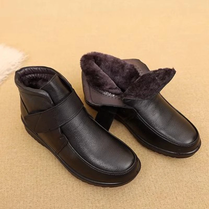 Winter Women Genuine Leather Flat Casual Ankle Boots Female Thick Plush Warm Snow Boots Mother Waterproof Non-slip Booties