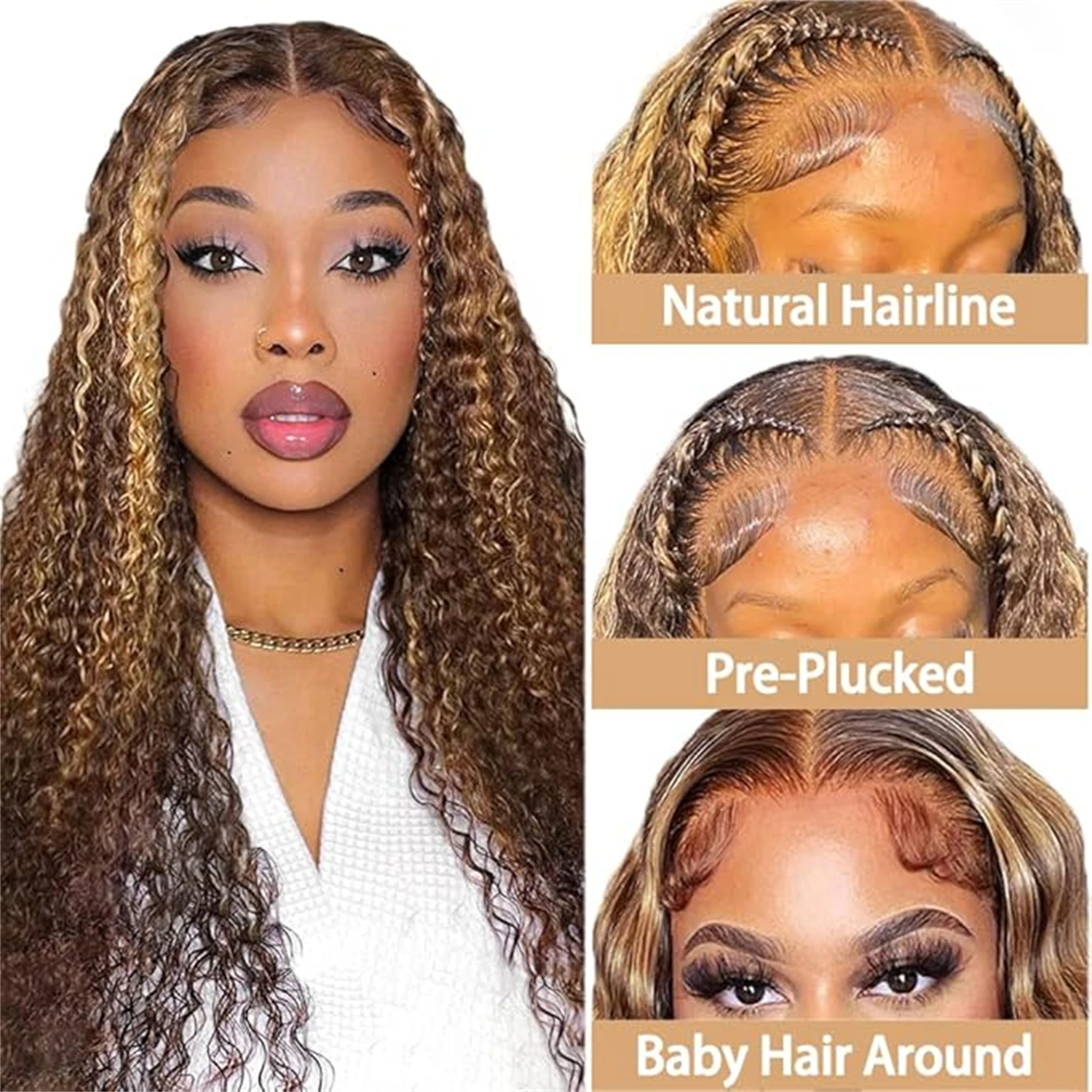 Parrucca anteriore in pizzo 13X4 da donna Parrucche per capelli umani ricci p4/27 Parrucca colorata Biondo miele Onda d'acqua Evidenzia parrucche ricce frontali Ombre