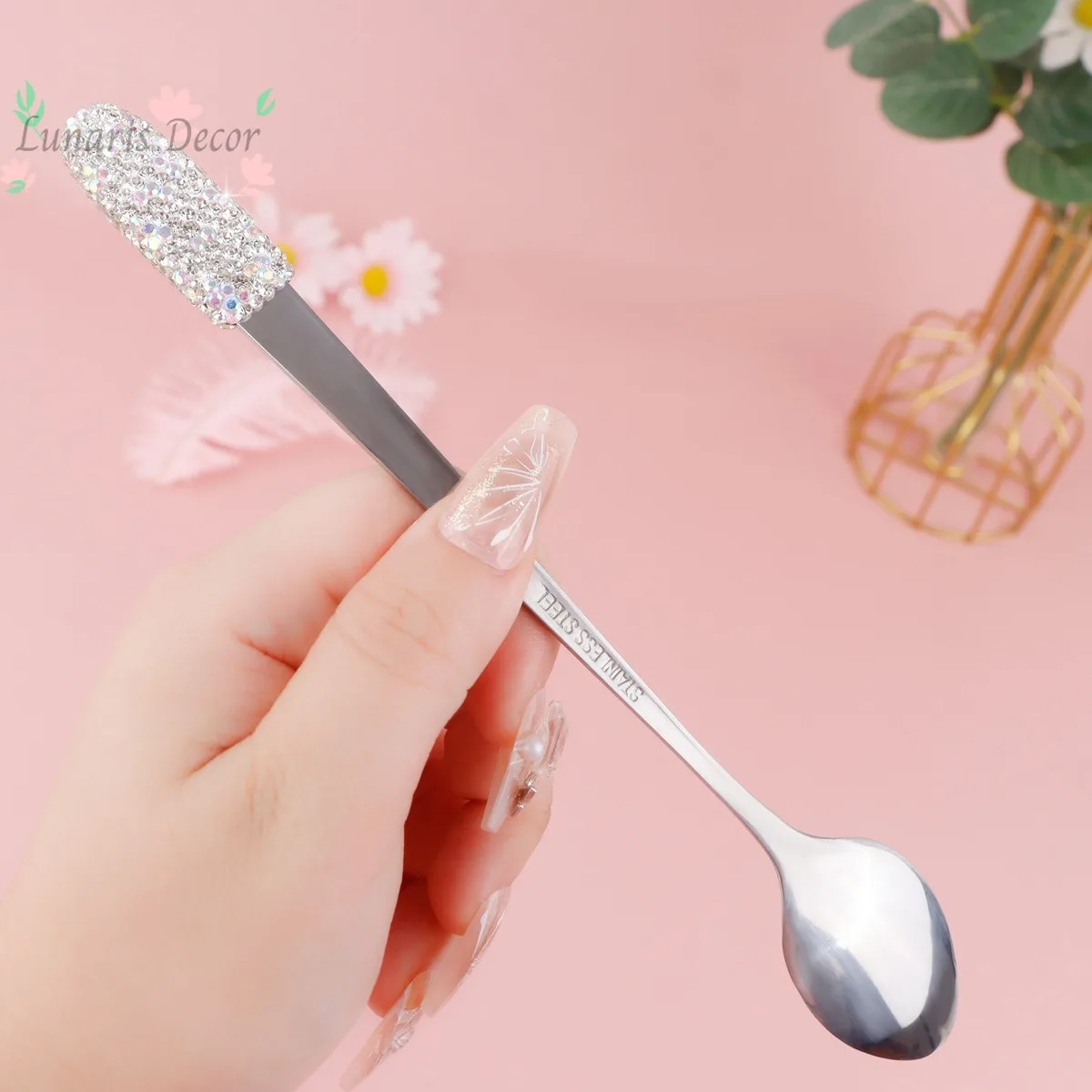 5pcRhinestone stainless steel spoon with diamonds household long handle spoon creative simple long coffee spoon cross-border