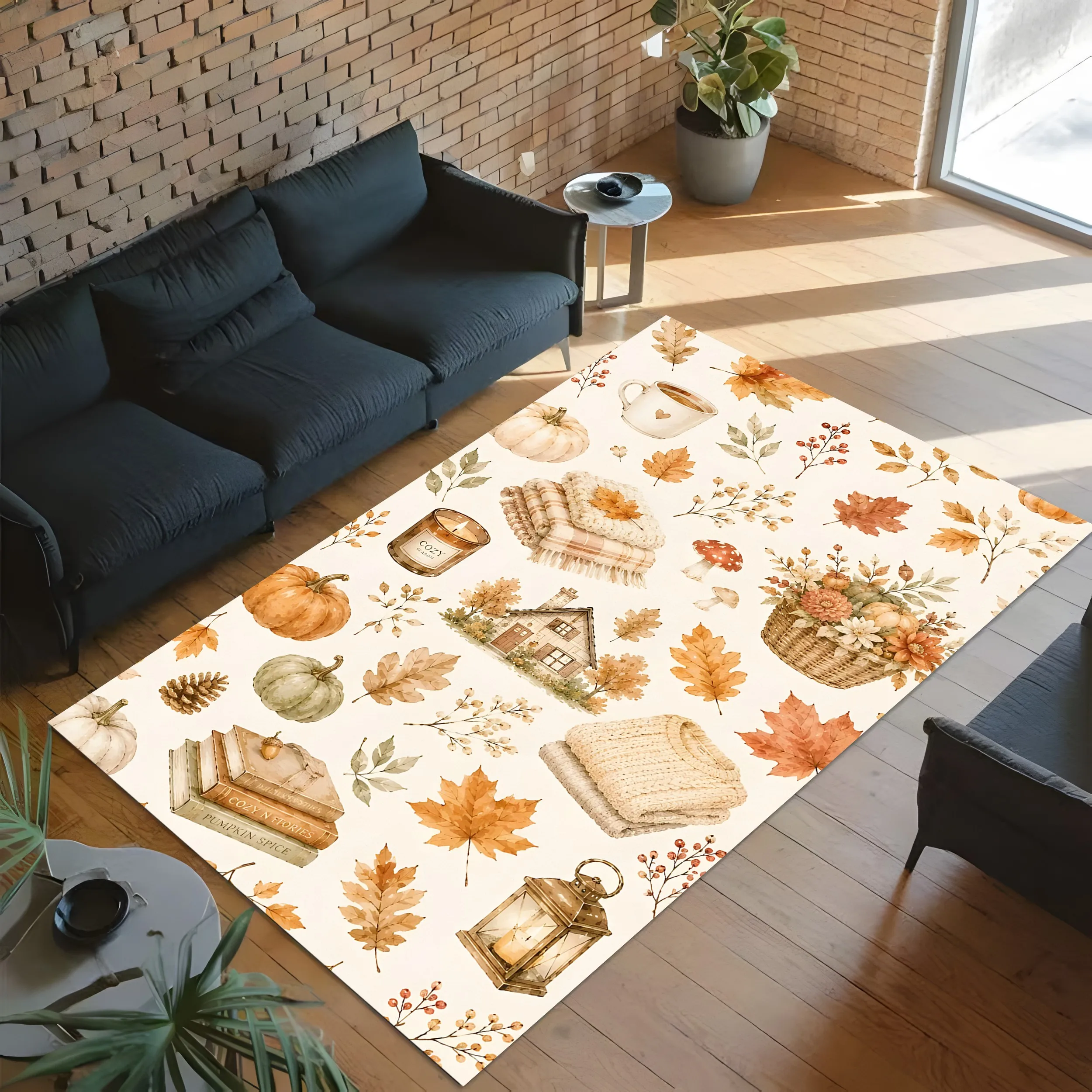 2D Large Carpet Maple Leaves Pumpkins Warm Autumn Elements Retro Watercolor Style Warm Soft Tones Eye Catching Thanksgiving Warm
