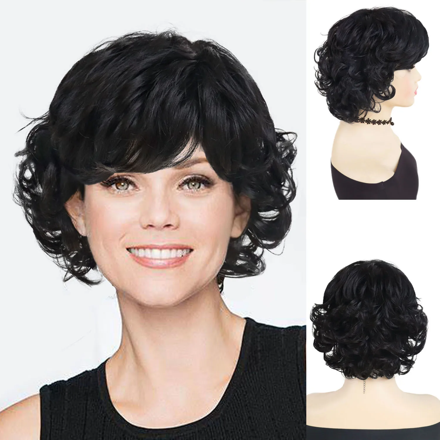 

GNIMEGIL Elegant Women's Synthetic Black Wig with Bangs for Lady Short Curly Wigs Daily Party Costume Cosplay Heat Resistant