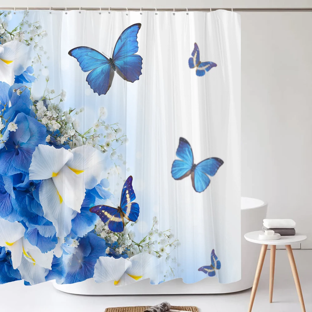 Waterproof Bathroom Shower Curtain Beautiful Blue Flower Butterfly Bath Curtain Sets Toilet Cover Non-Slip Mat Rug Carpet Decor