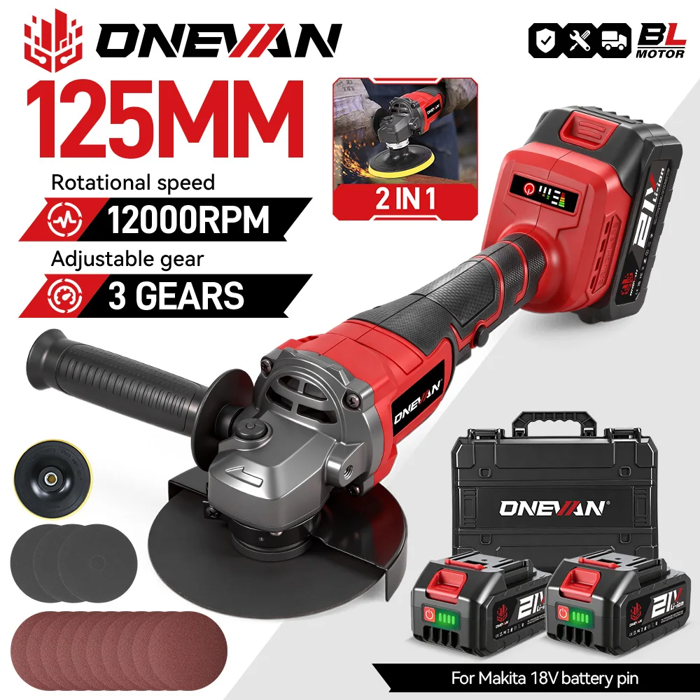 Image of ONEVAN 125MM Bürstenloser Elektrischer Winkelschleifer 2in1 Poliermaschine 3000W M14 Schneidwerkzeug für Metall und Holz, Kompatibel mit Makita 18V Akku