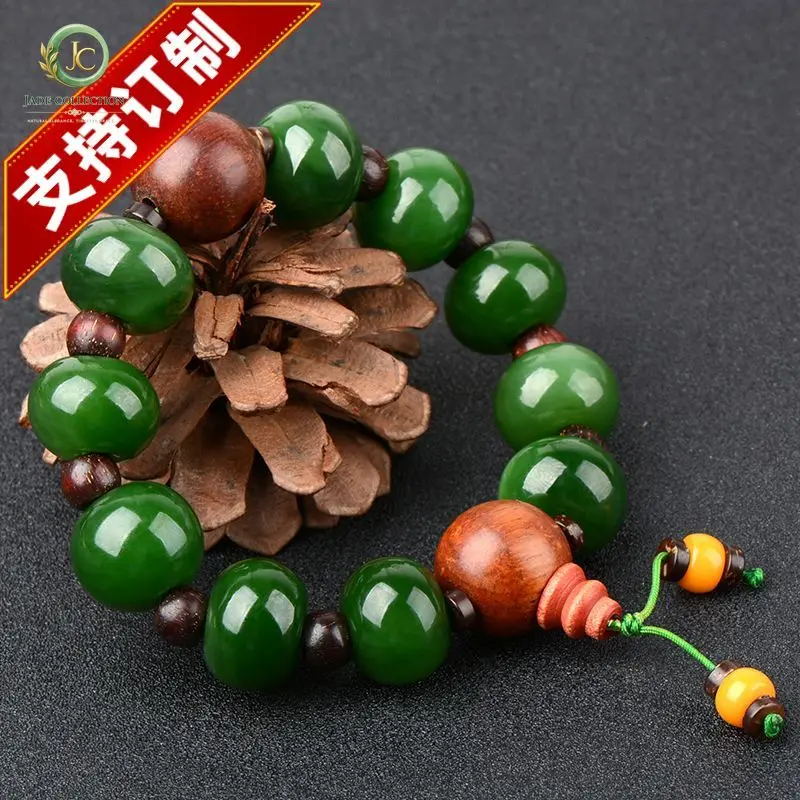 Xinjiang jasper bracelet Hetian jade spinach green abacus bead bracelet 16mm diameter men's jade beads