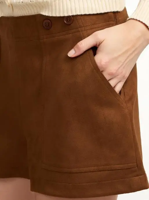 

Autumn High Waisted Solid Color Button Decoration Straight Tube Suede Texture Shorts for Women's British Casual Style Shorts