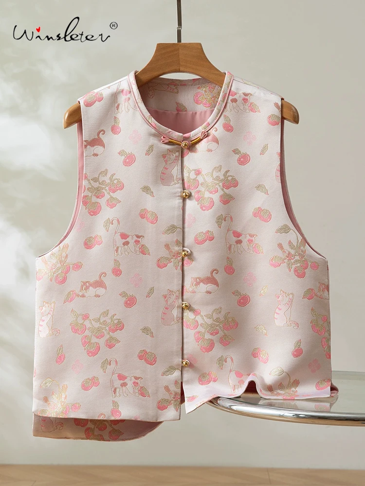 

Winsleter-100%Real Silk Song Brocade Elegant Vest Coat, O Neck Cute Cat, Women Versatile Casual Waistcoat, 2025 Winter C5N736CC