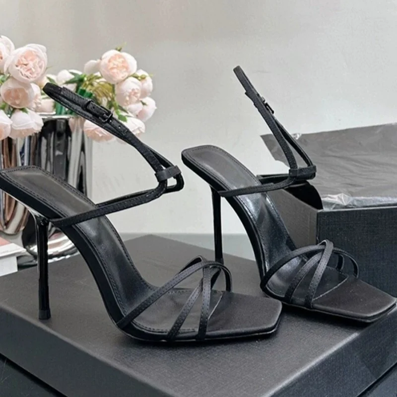 

Summer New Cross Strap Buckle Sandals Square Toe Exposed Thin Strap Women Shoes Sexy Black Temperament High Heels