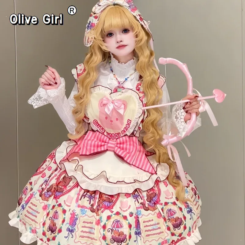 

Olivegirl Pink Love Little Bear SK Лолита, оригинальное весенне-осеннее милое платье Лолиты на подтяжках с принтом и бантом на талии, дизайн торта