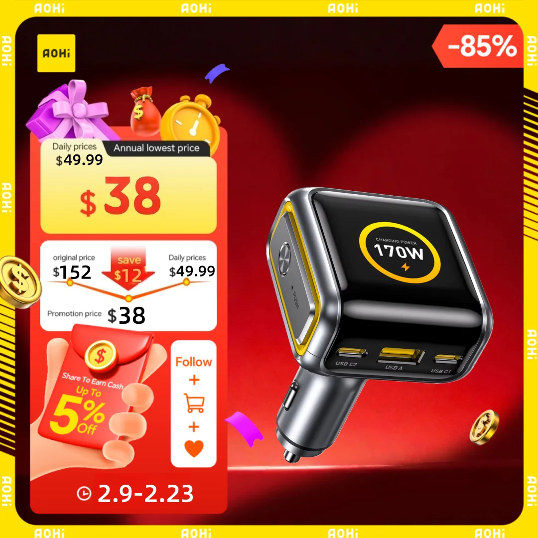 

Автомобильное зарядное устройство AOHI THE FUTURE AI PD GAN+ 170W с 3 портами и LED-дисплеем для быстрой зарядки