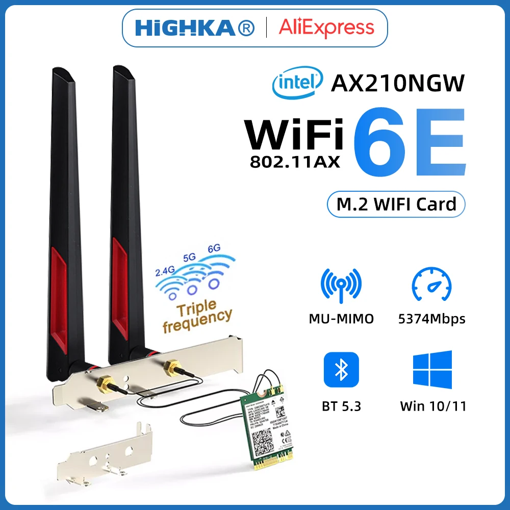 Wi-Fi 6E intel AX210 Wireless Network Cards 5374Mbps 6Ghz Bluetooth 5.3 AX210NGW 10dBi Antenna Desktop Kit for PC M.2 WiFi Card