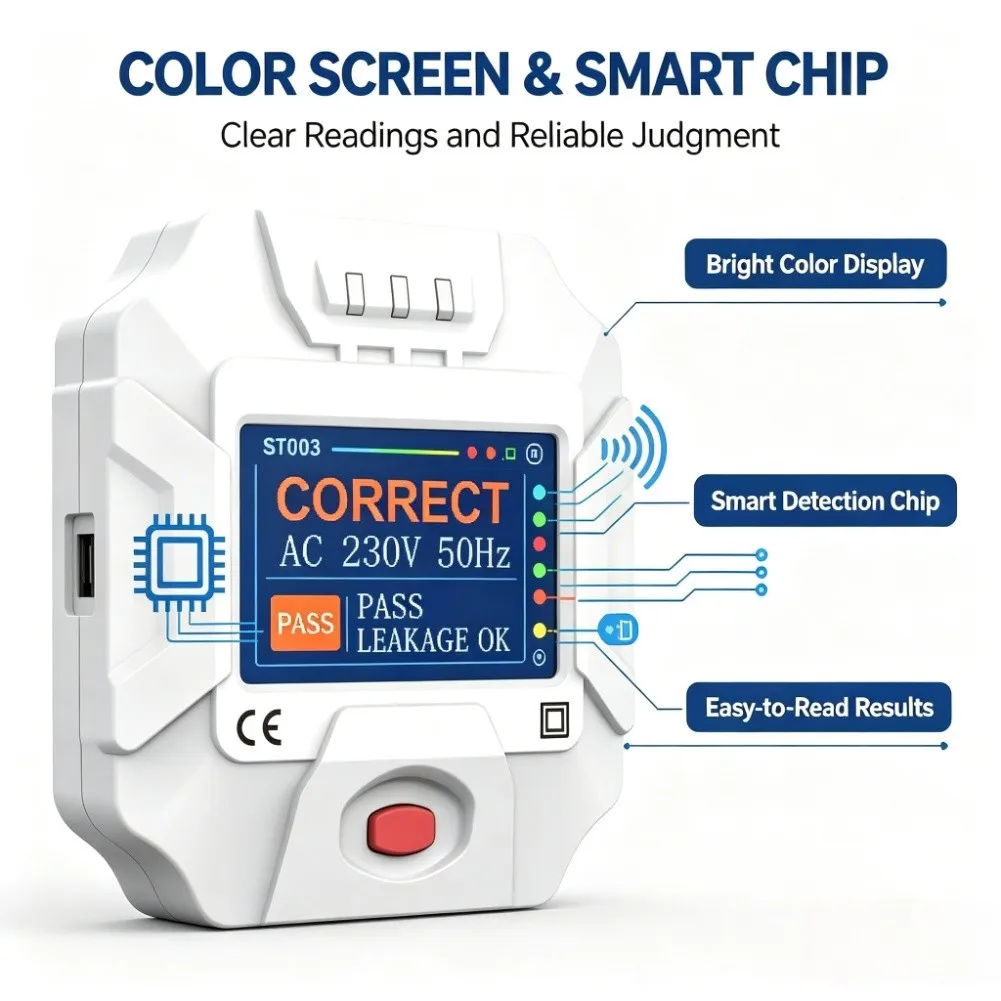 ST003 Smart Outlet Tester Detects Live Neutral Earth Wires LCD Voltage Reading 90-250V AC 45-65Hz Compact Design for Field Use