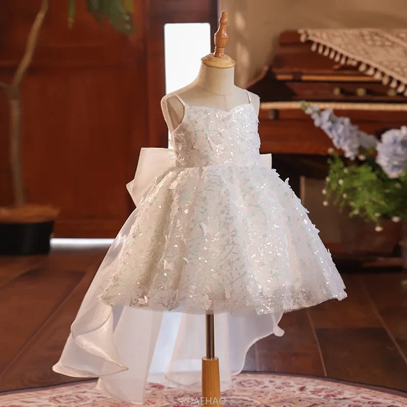 

Party Dress White Skirt First Birthday Flower Girl Princess Gown Costume Glitter Girls Pageant Host Outfit Piano Recital Tutu