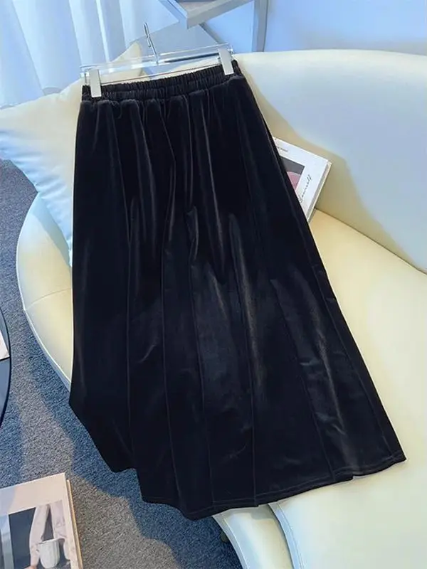 

Черная бархатная юбка-миди А-силуэта женская, с завышенной талией, облегающая, весна-осень, новая коллекция, для офиса, художественный стиль, не требует глажки