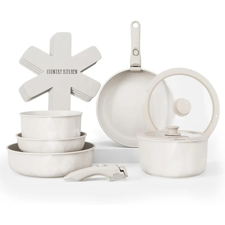

Cookware Set with Removable Handle, Oven & RV Safe Pots and Pans Set, Cream Diamond, Original