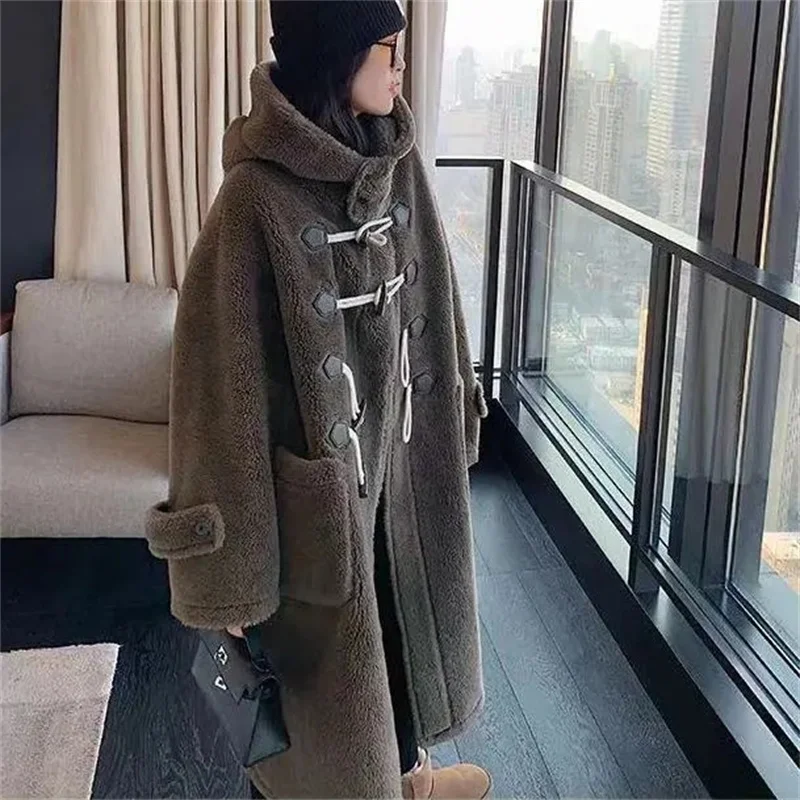 Winter Treatment Cowhide Button Wool Fur 2023 Korean Version Loose Hooded Jacket Hip-hop Particle Lamb Wool Female Solid Color