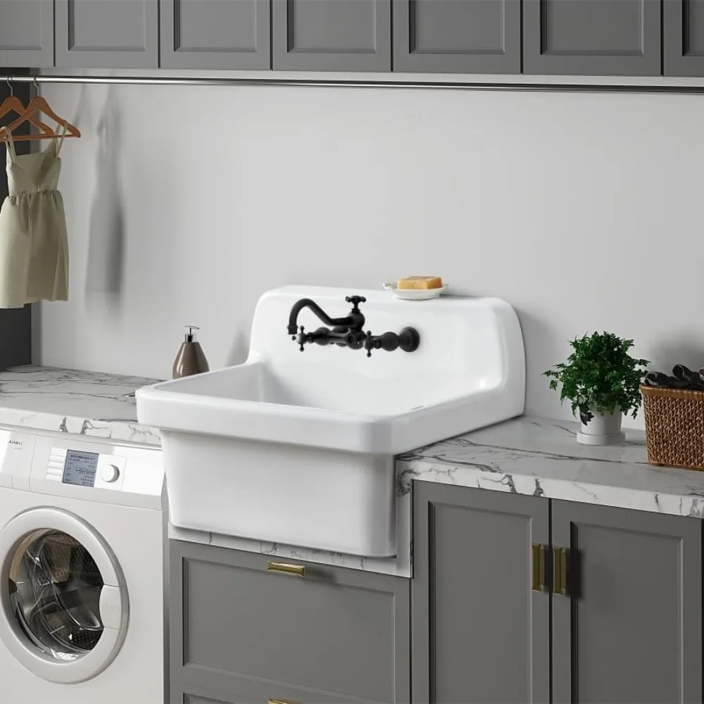 

Wall Mounted Laundry Sink Floating Utility Sink White Porcelain Ceramic 10 Gallon Washing Tub Slop Sink 24" x 19" x 16.5" for