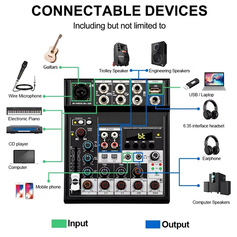 AIAI Portable Bluetooth Audio Mixer Console 5 Channels Soundcard USB Play Record Computer Playback Mini Audio Mixer Broadcast