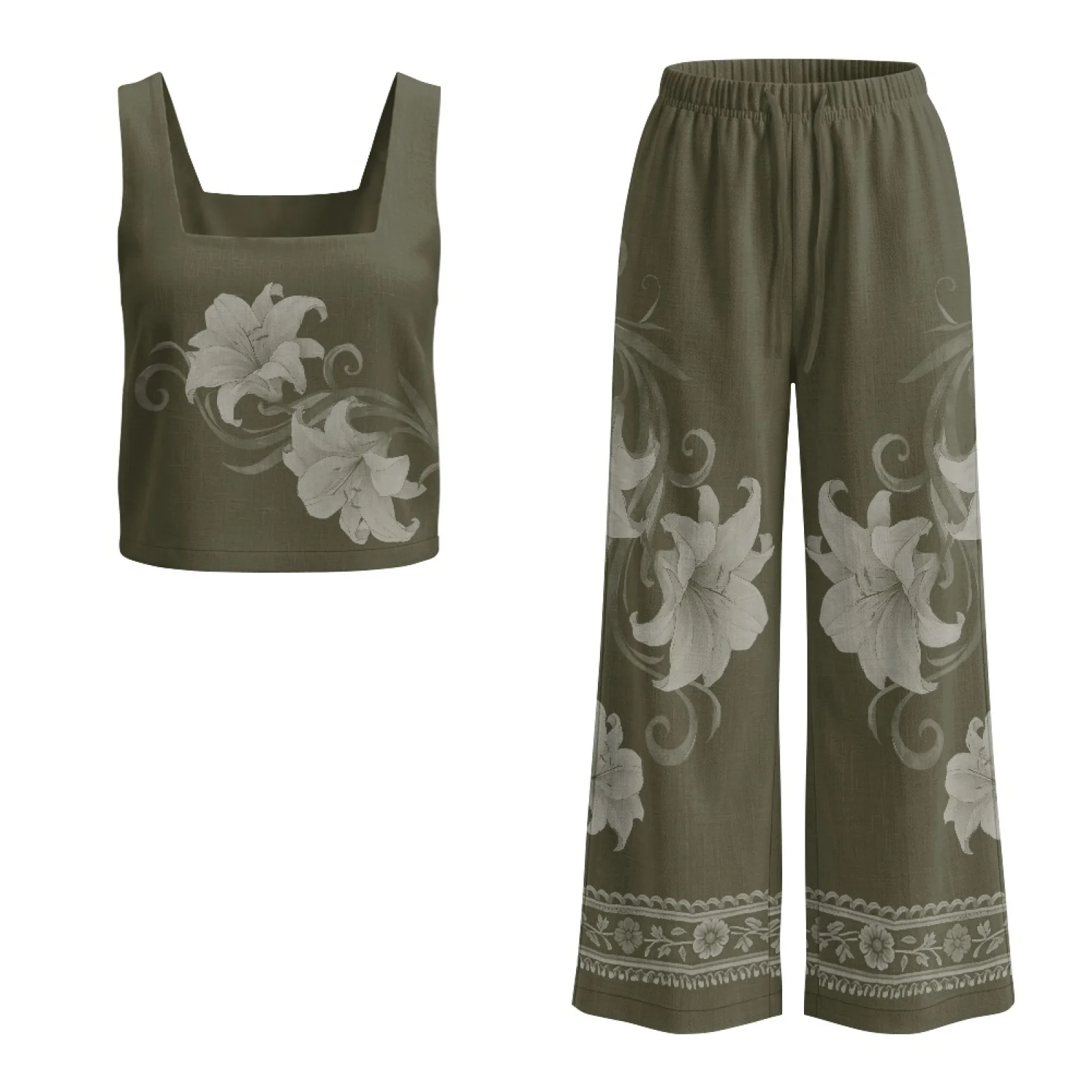 INSTANTARTS Conjunto de chaleco de lino para mujer, pantalones de pierna ancha, ligeros, transpirables, suaves, cómodos, de secado rápido, con estampado floral