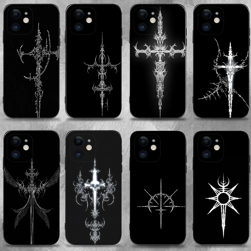 

Cyber Sigil Cross line Phone Case For iPhone 16,15,14,13,12,11 Plus,Pro Max,XS,X,XR,SE,Mini,8,7,Soft Silicone Black Cover