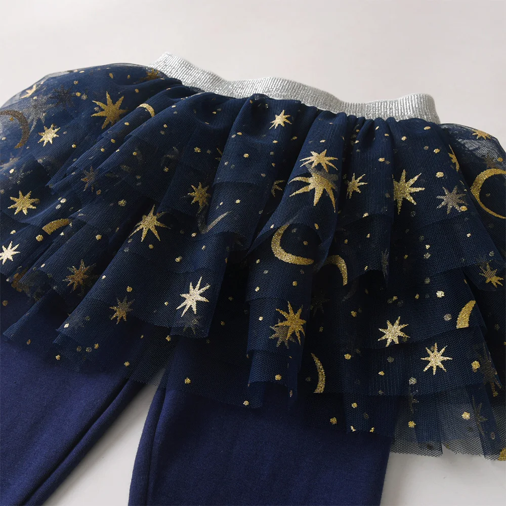 Kleinkinder Kinder Baumwolle Lässige Marineblaue Leggings mit glitzernden Sternenmuster Mesh Tüll Tutu Röcke Fake 2-teilige Kinder Prinzessin Hose – Detail 3