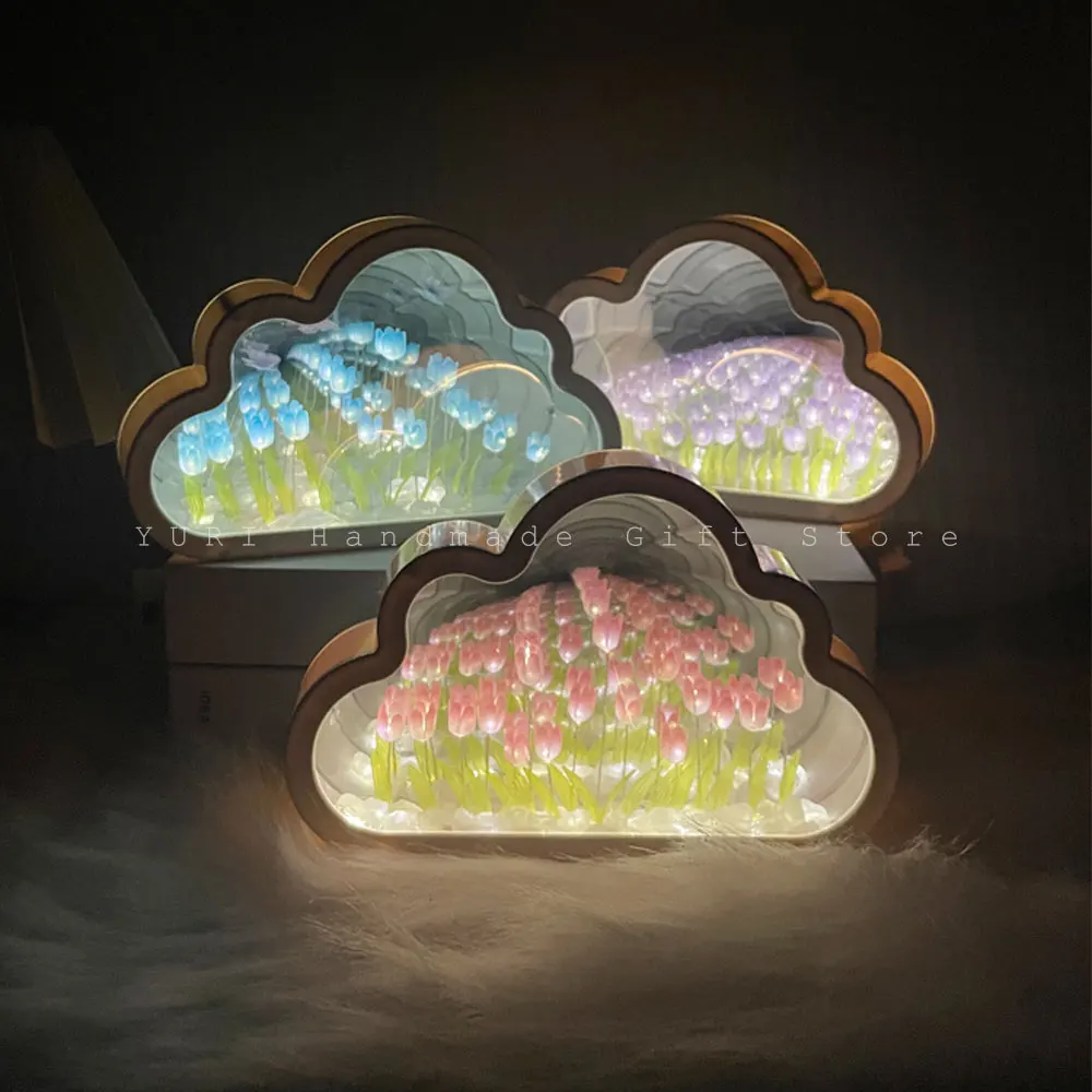 Cloud Tulip Night Light Handmade DIY Material Flower Home Decor Mirror Creative Atmosphere Lamp Birthday Gift Valentine\'s Day