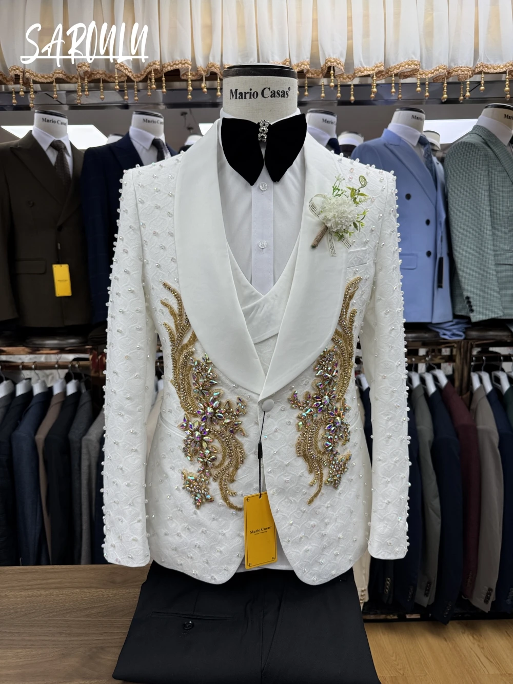 

Stylish Pearls Crystals Men Suit Set Customized Exquisite Stage Performance Jacket Pants Vest Handsome High Quality Groom Wear