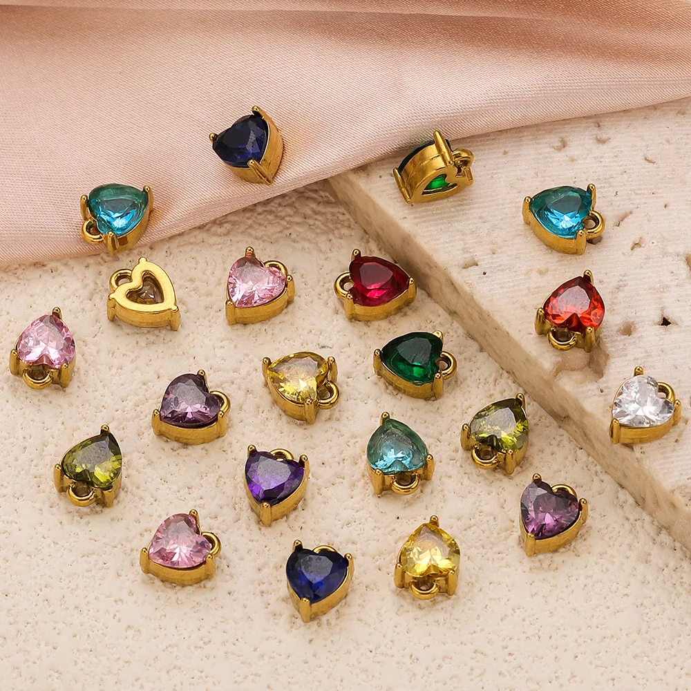 

5pcs Stainless Steel Multicolor Heart Charms Inlaid with Rhinestones Gold-Plated DIY Necklaces Bracelets Anklet Jewelry Findings