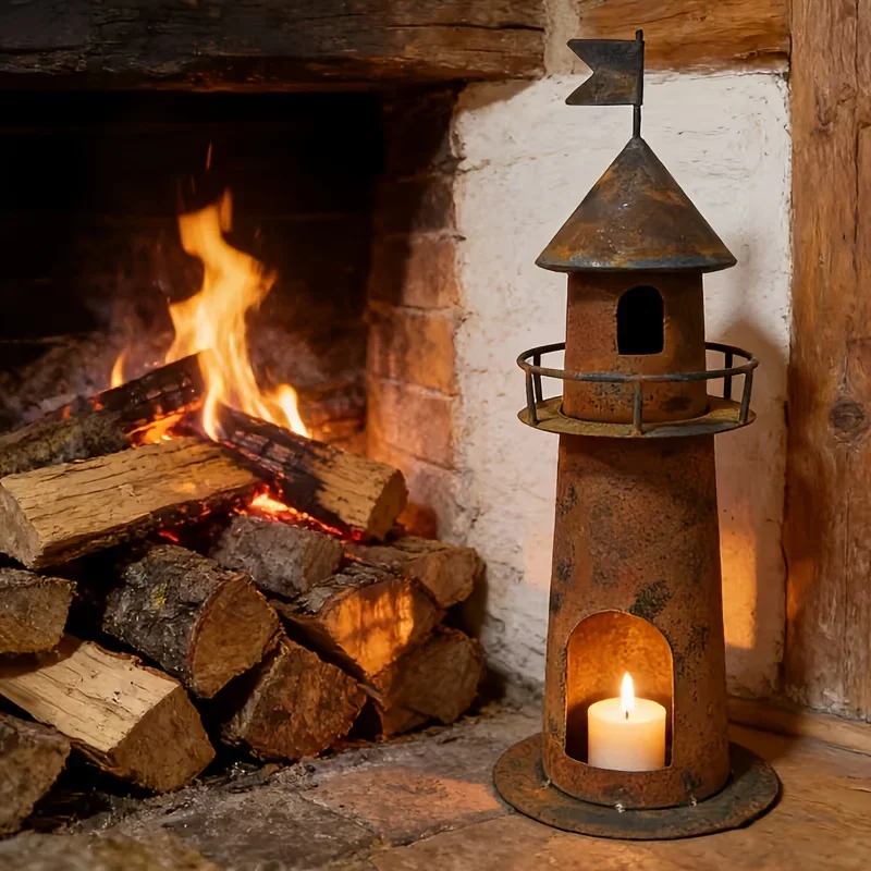 Rusty Metal Lighthouse Candle Holder Vintage Rustic Nautical Home Lantern for Outdoor Garden Patio Indoor Table Decoration Gifts