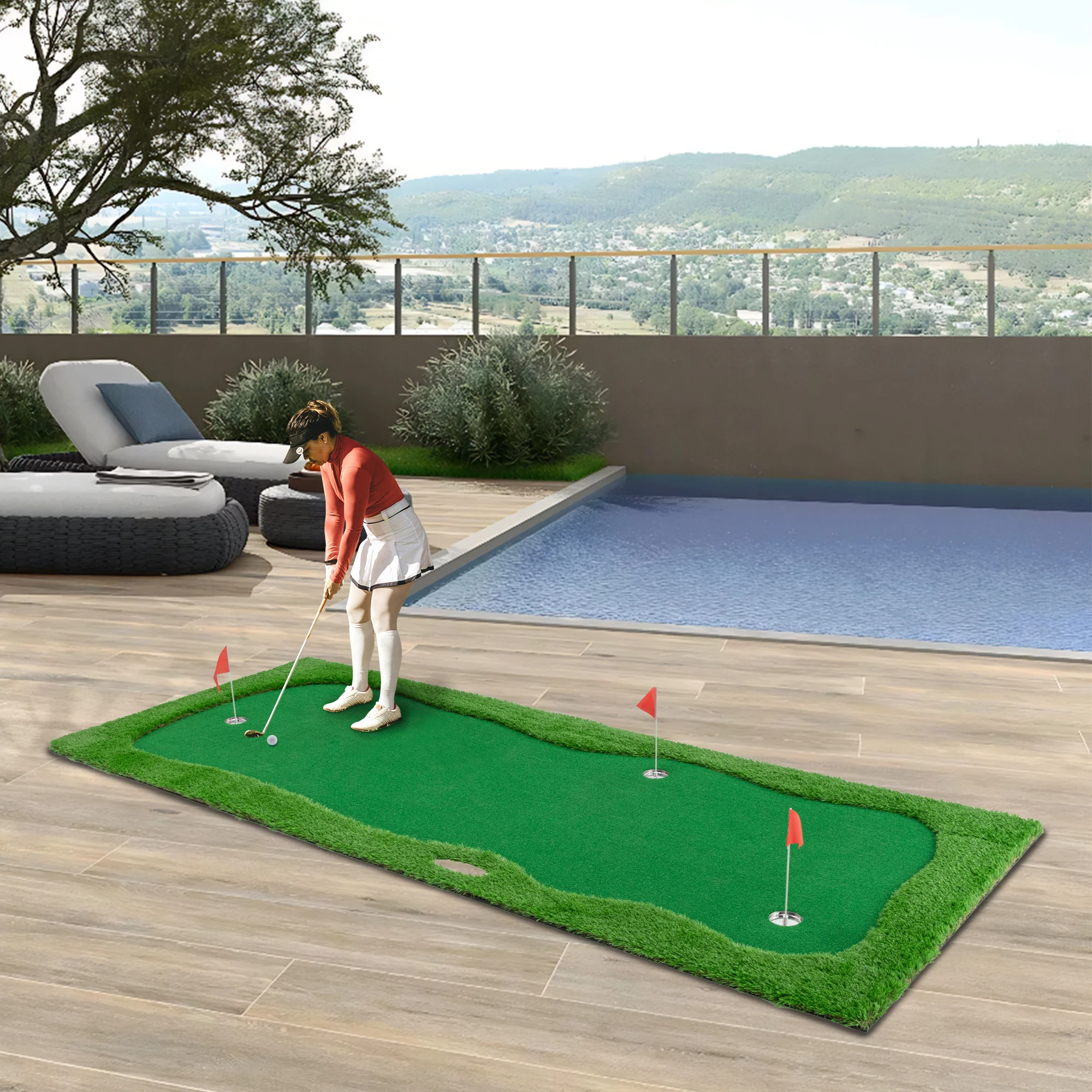 

12x5 FT Golf Putting Green, Golf Training Mat with High-quality Turf, 3 Holes, 3 Flags and Cups for Indoor Outdoor