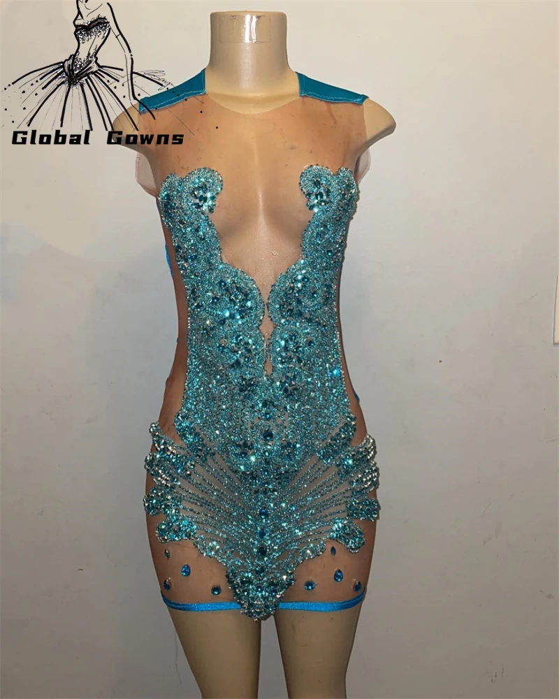 Luxury Blue Sparkly Beaded Short Prom Dresses Black Girls Crystal Birthday Party Mermaid Rhinestone Mini Cocktail Robe De Bal