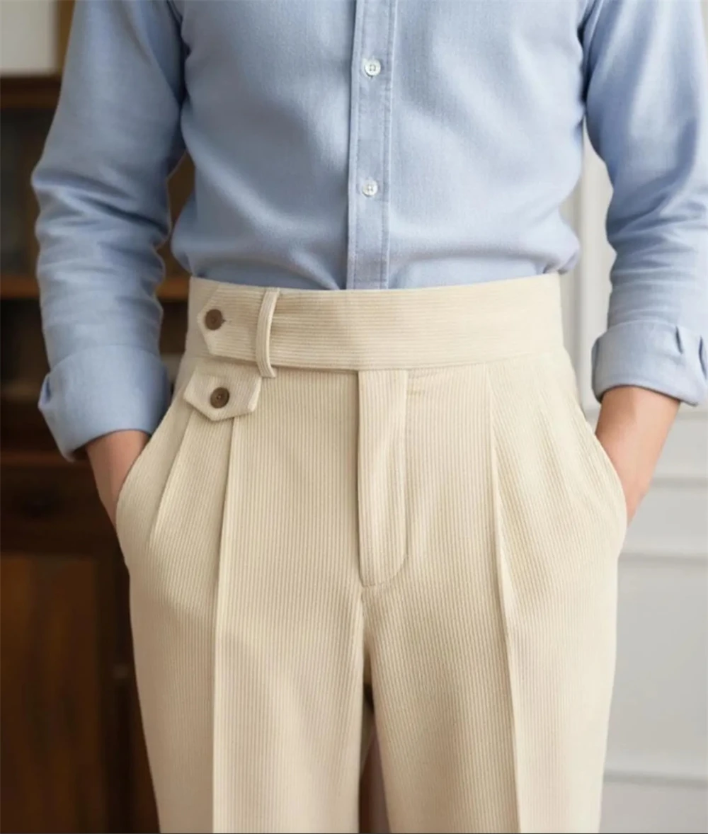 

Men's Pants Cream Corduroy Pleated Trousers High Waist Vintage Style Fitting Business Naples Casual Pants